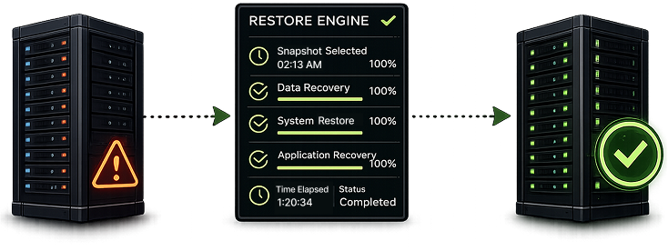 Server rack with automatic data recovery dashboard