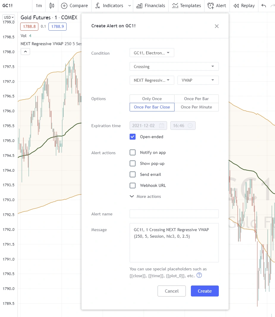 TradingView alert dialog configured for %K/%D line crossovers.